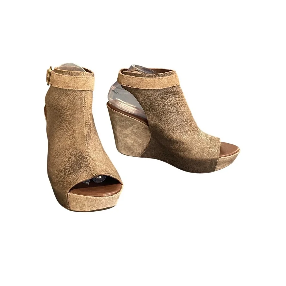 Kork-Ease Brown Leather Suede Wedge Sandals Peep Toe Ankle Strap Womens 10M